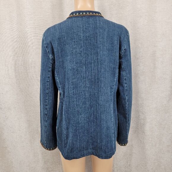 Chico's Denim Jacket with Turquoise and Bronze Color Beading Western Boho - Picture 9 of 12